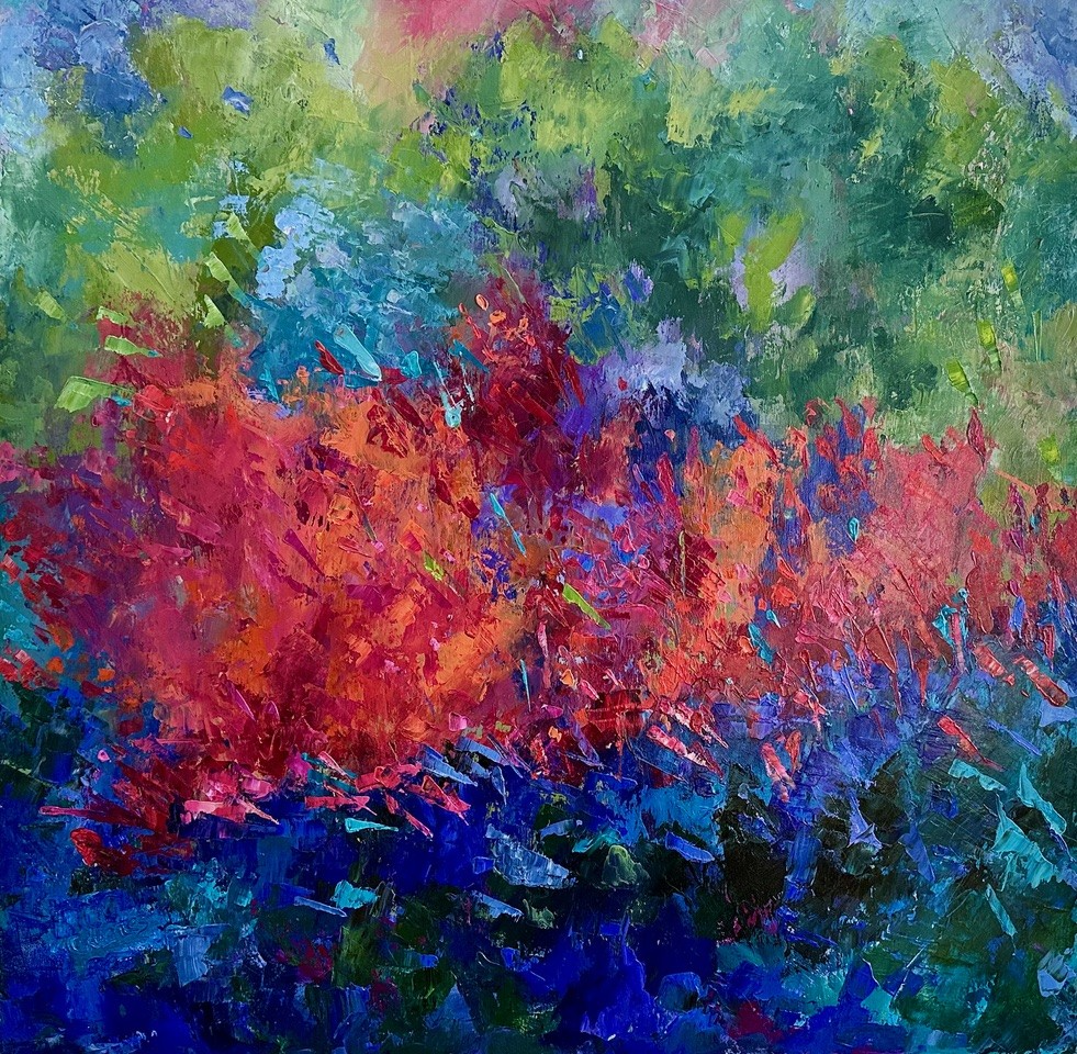 Loose, large stipple brush strokes in blues, reds and greens.