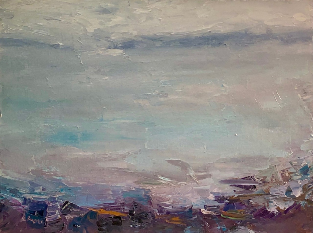 Loose brush strokes representing a shoreline with water above a very low horizon and beach front at the bottom.