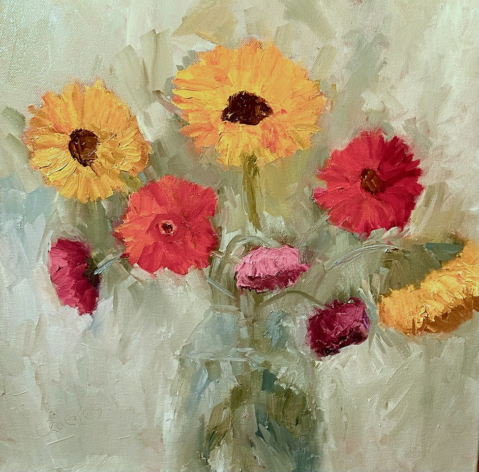 Loose brush stroke painting of red and yellow flowers with a grayish and white background.