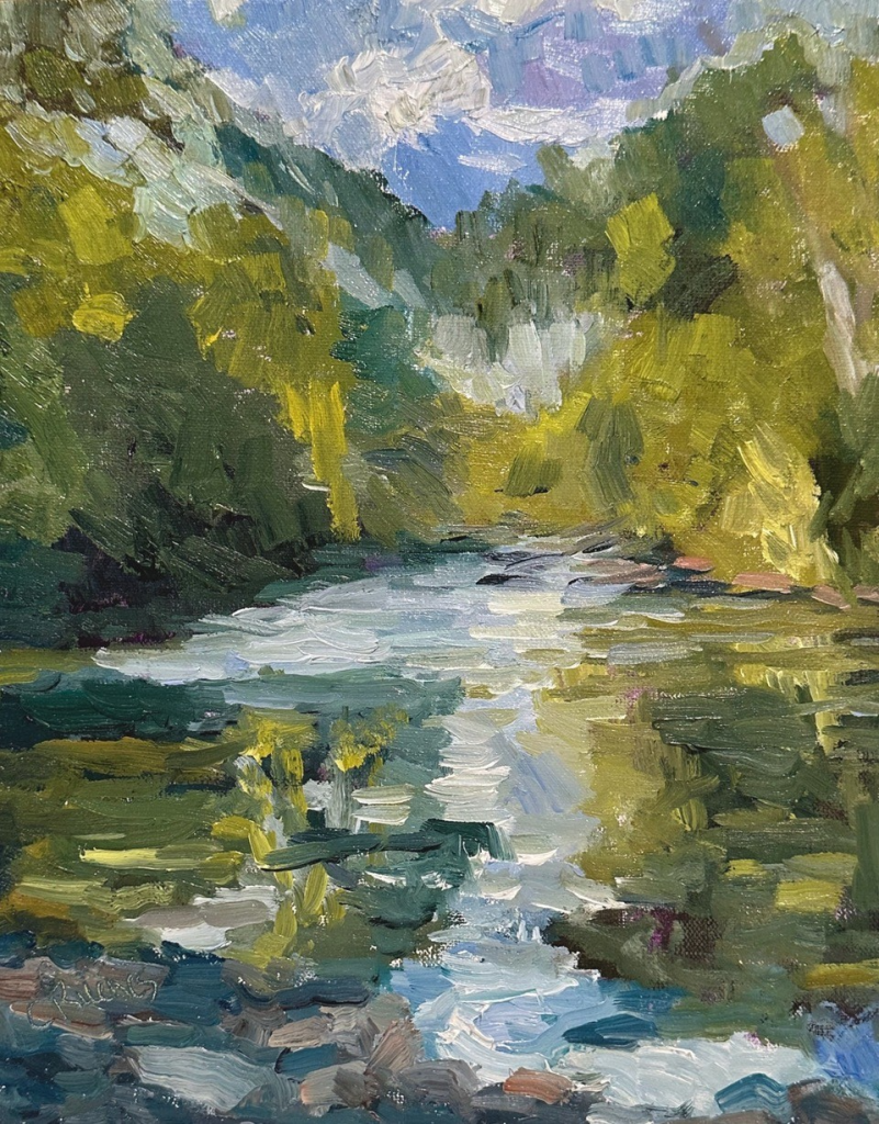 Landscape painting of a creek with vague green plant life around it.