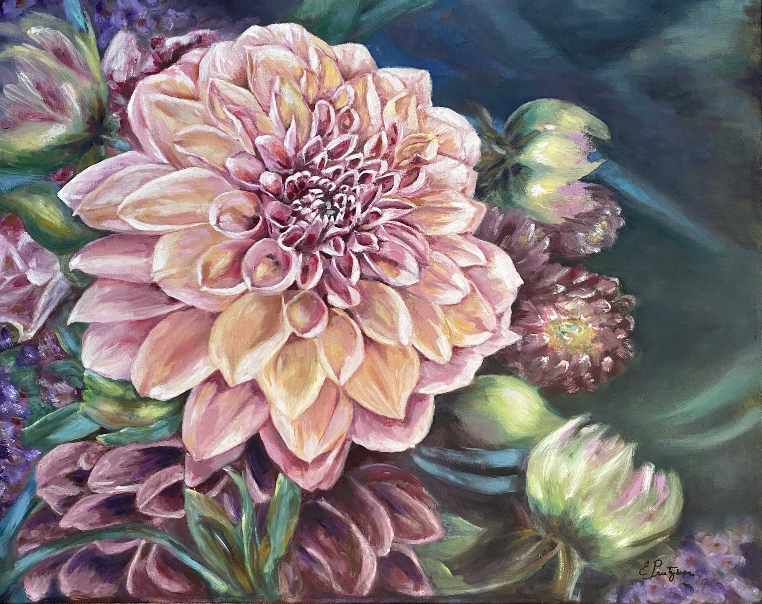 Oil painting of a green and lavender, blooming Dhalia.